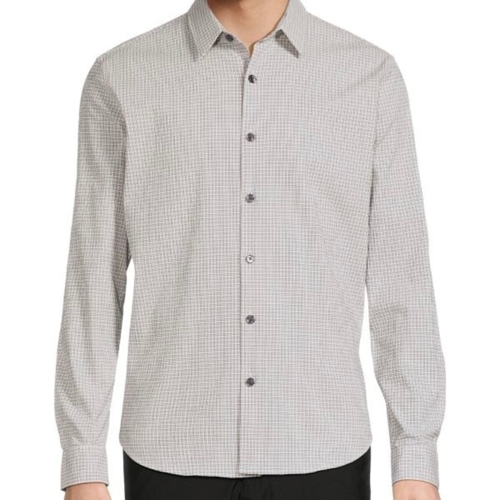 Theory Men's XL Rammy Micro Grid Seer Cotton Blend‎ Long Sleeve Shirt Casual